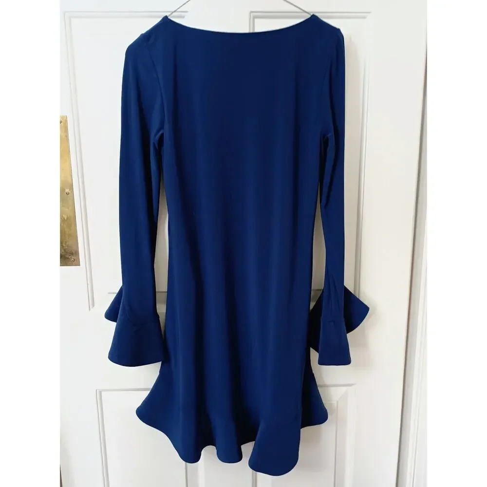 Laundry by Shelli Segal - Blue Fluted Long Bell Sleeve Mini Dress - Sz 0 - Picture 4 of 5